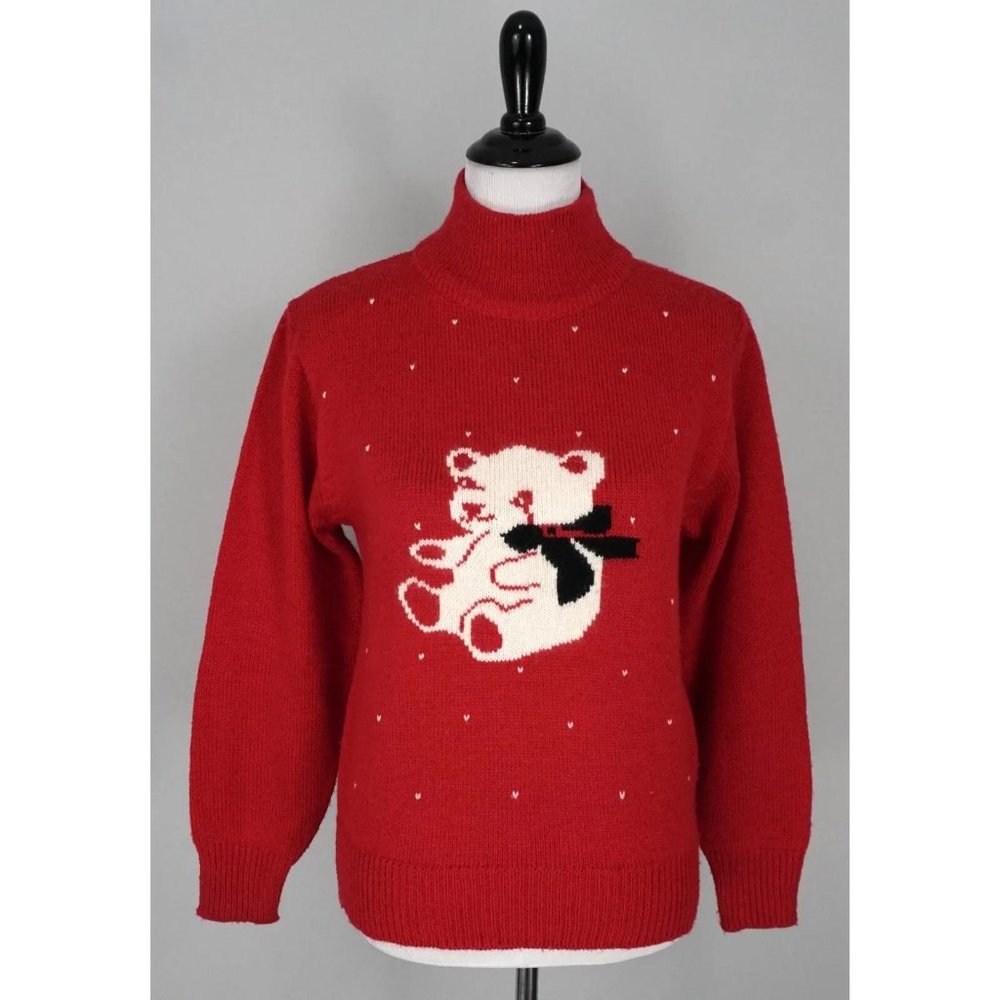 Vintage Crystal Sportswear Red White Bear Winter Angora Blend Sweater Size M